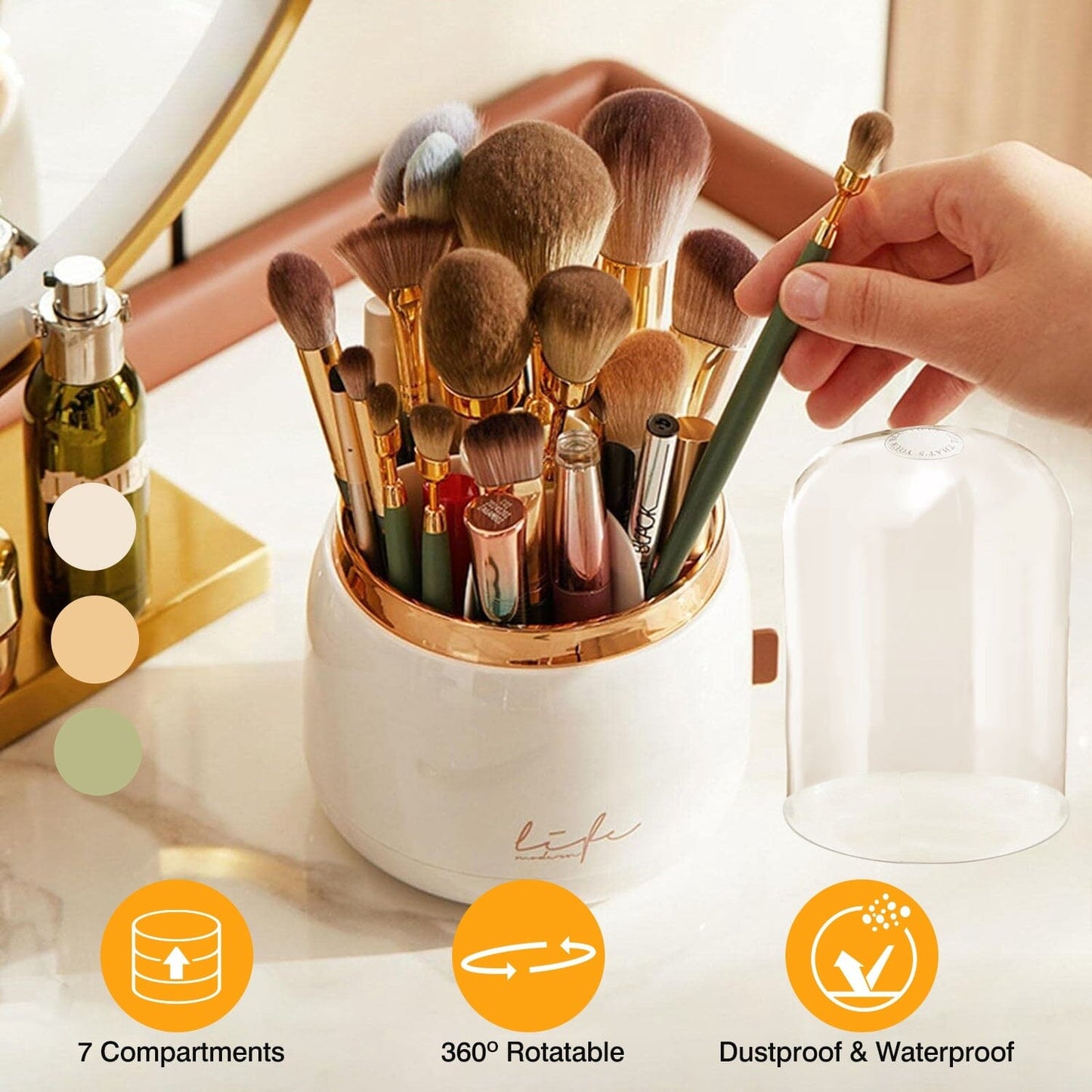 Skorter | 360° Rotating Makeup Brush Holder with Lid Makeup Organizer