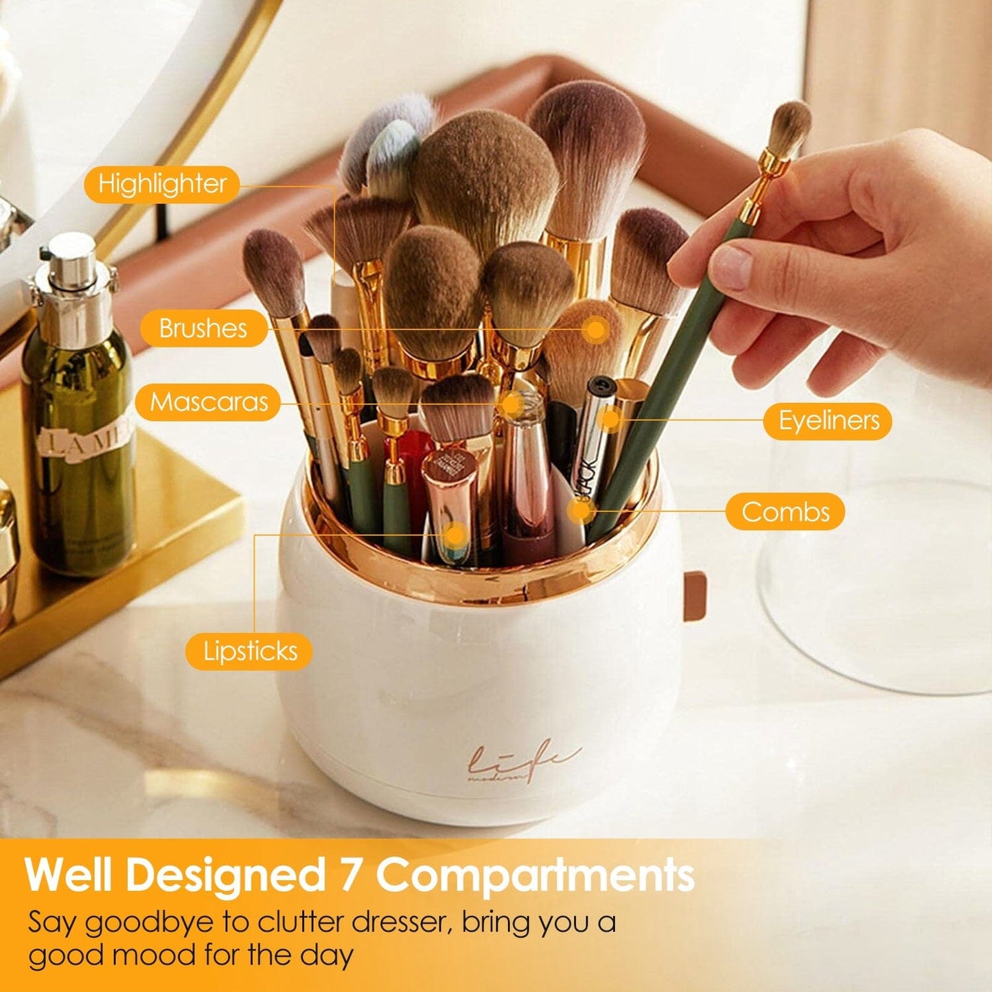 Skorter | 360° Rotating Makeup Brush Holder with Lid Makeup Organizer