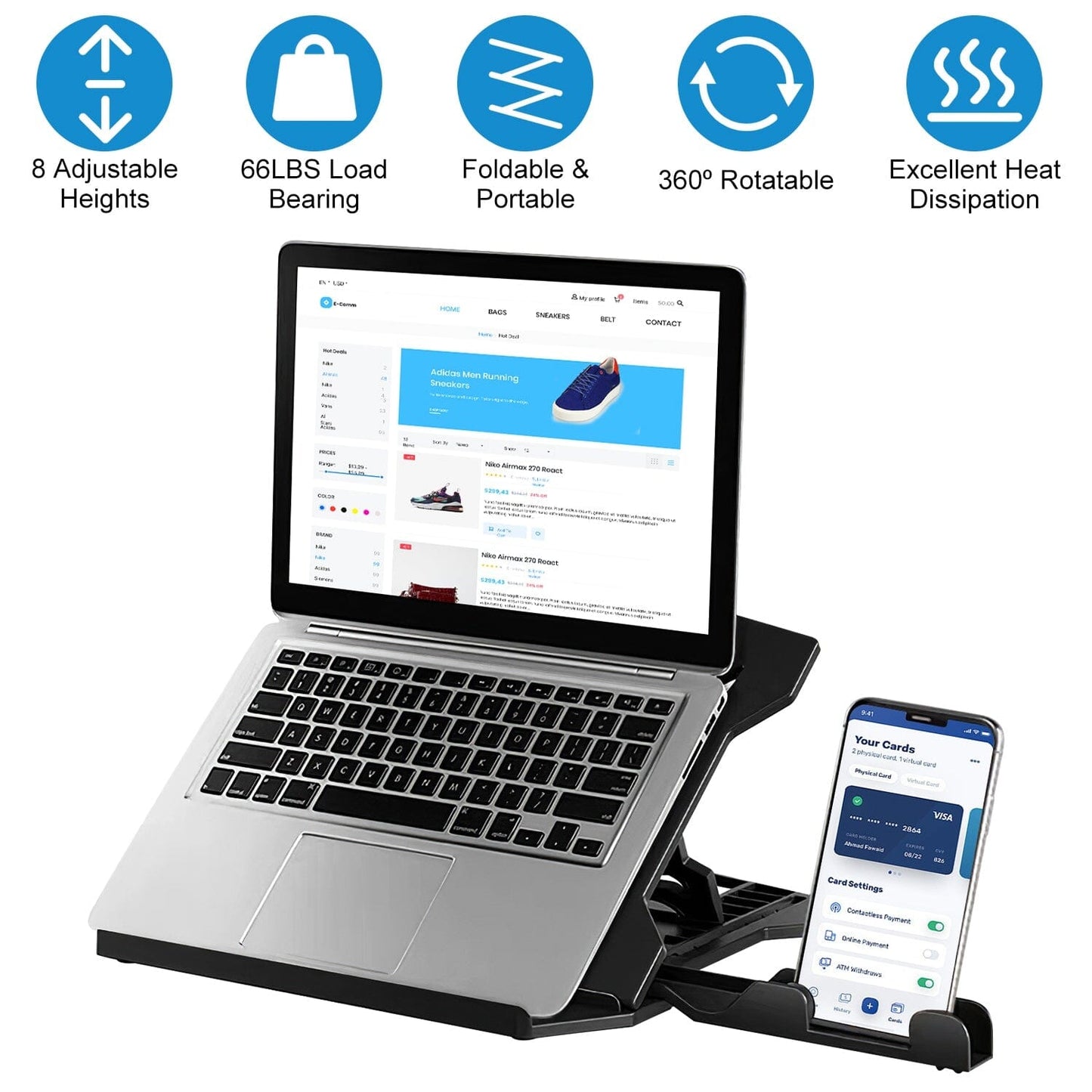 Skorter | 360º Rotation Laptop Height Adjustable Stand with Phone Stand 8 Level Adjustable Height