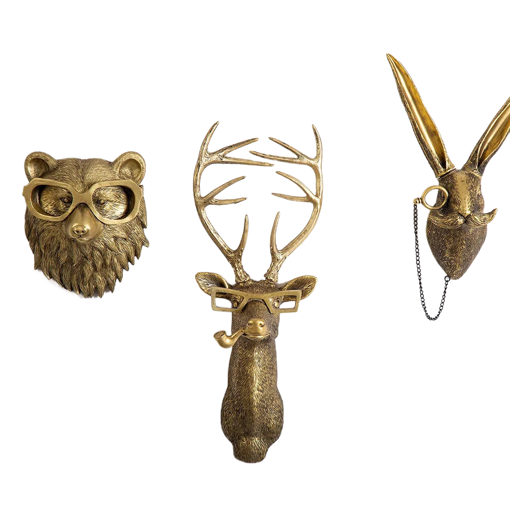 Skorter | Antique Bronze Resin Animal Pendant Golden Deer Head Wall Storage Hook Background Wall Accessories Decorative Figures