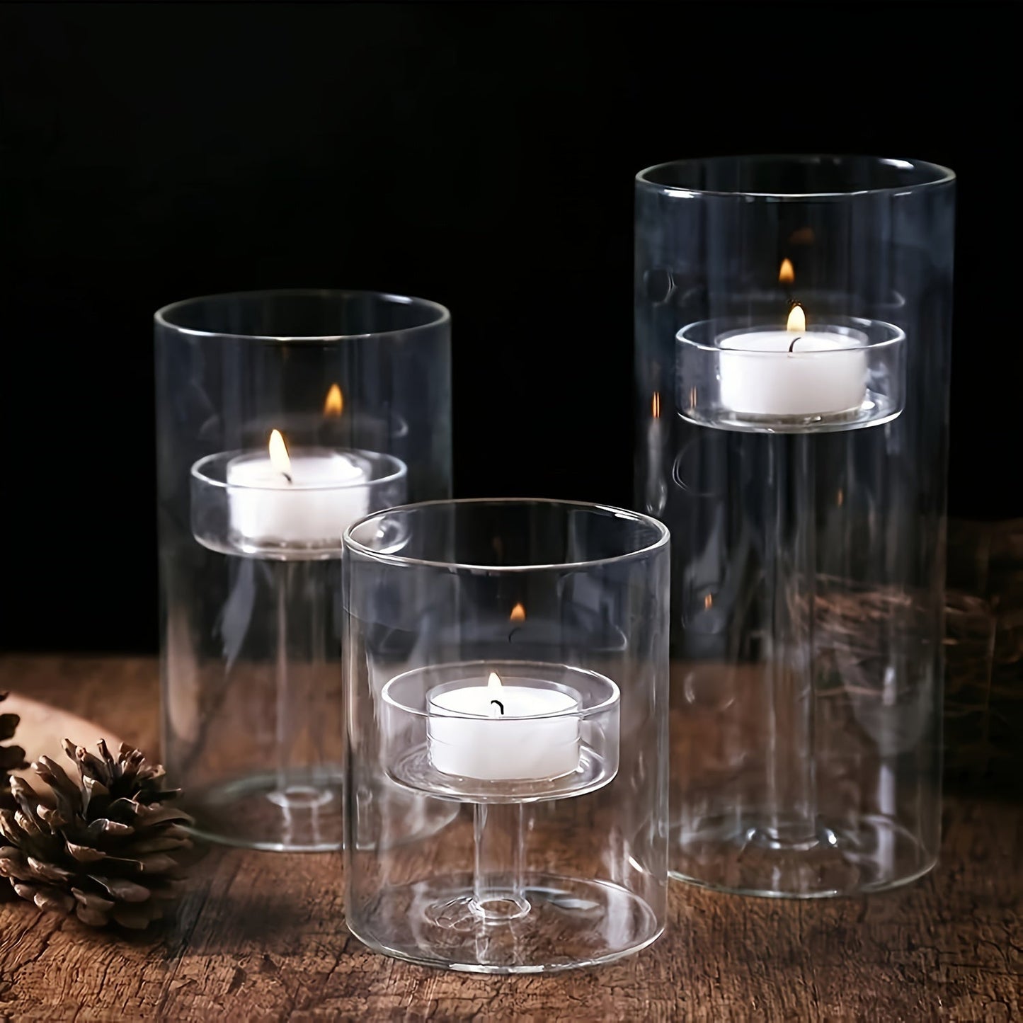 Skorter | 3-piece cylindrical glass candle holder set – Transparent hurricane candle holders for table decoration, weddings, and home decoration