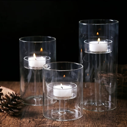 Skorter | 3-piece cylindrical glass candle holder set – Transparent hurricane candle holders for table decoration, weddings, and home decoration