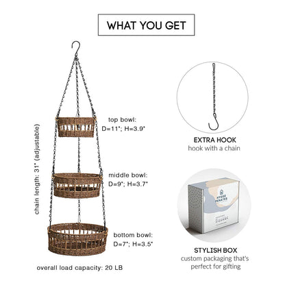 Skorter | 3-layer hanging fruit basket woven vegetable storage and fruit organizer with banana holder -