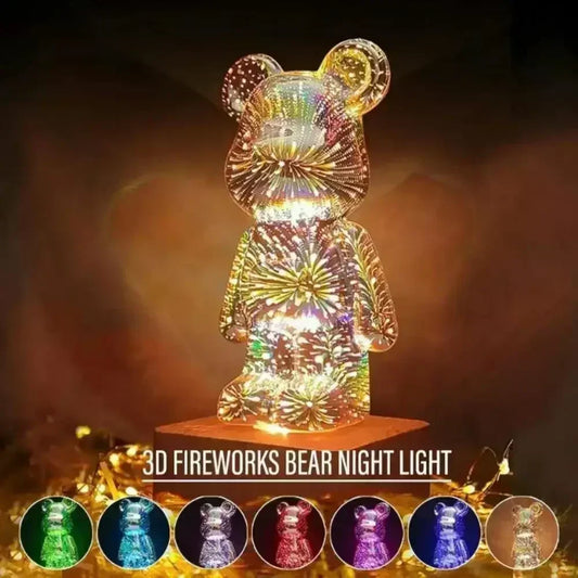 Skorter | 3D Firework Bear Lamp USB LED Night Light Bedroom Decoration Cute Table Projection Atmosphere 7 Color Changeable Kids Gift