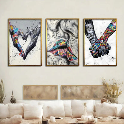Skorter | 3PCS Modern Love Hand in Hand Kiss the Kiss Poster Graffiti Banksy Street Wall Art Canvas Painting Prints Pictures Room Decoration
