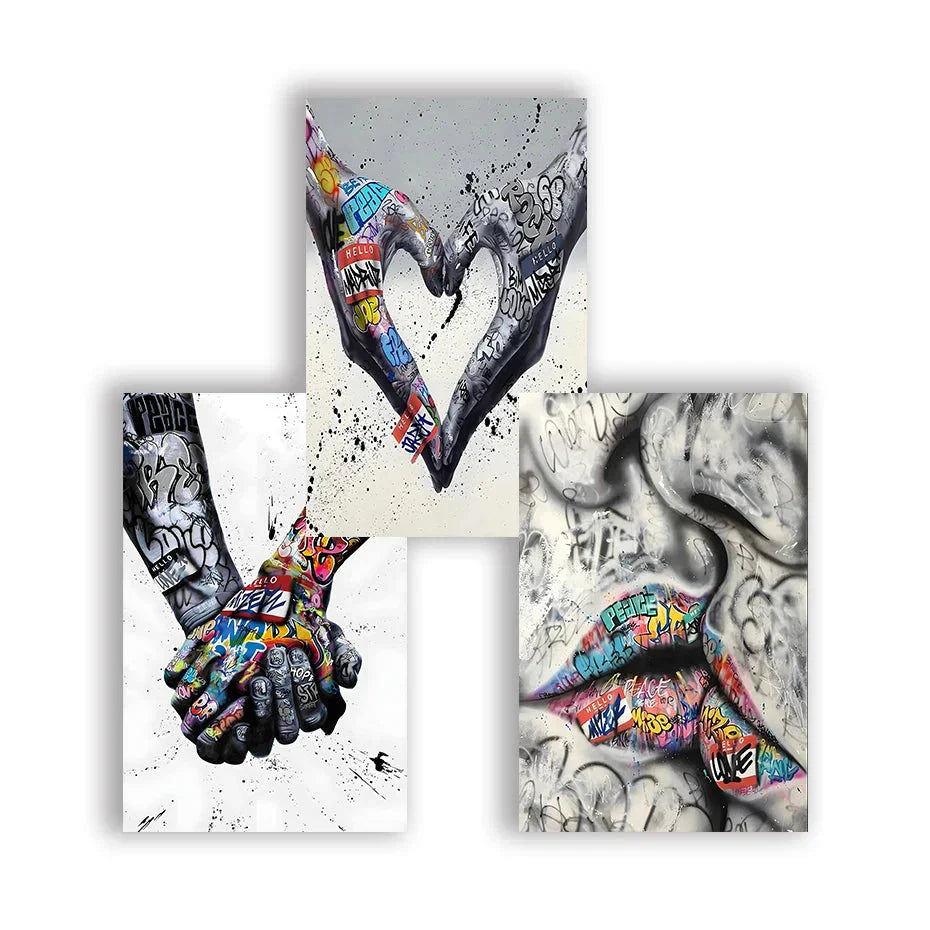 Skorter | 3PCS Modern Love Hand in Hand Kiss the Kiss Poster Graffiti Banksy Street Wall Art Canvas Painting Prints Pictures Room Decoration