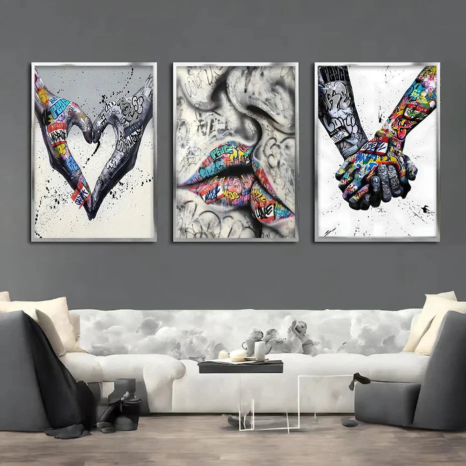 Skorter | 3PCS Modern Love Hand in Hand Kiss the Kiss Poster Graffiti Banksy Street Wall Art Canvas Painting Prints Pictures Room Decoration