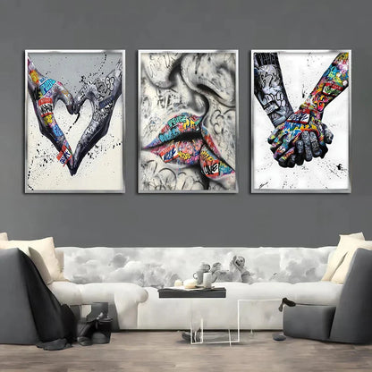 Skorter | 3PCS Modern Love Hand in Hand Kiss the Kiss Poster Graffiti Banksy Street Wall Art Canvas Painting Prints Pictures Room Decoration