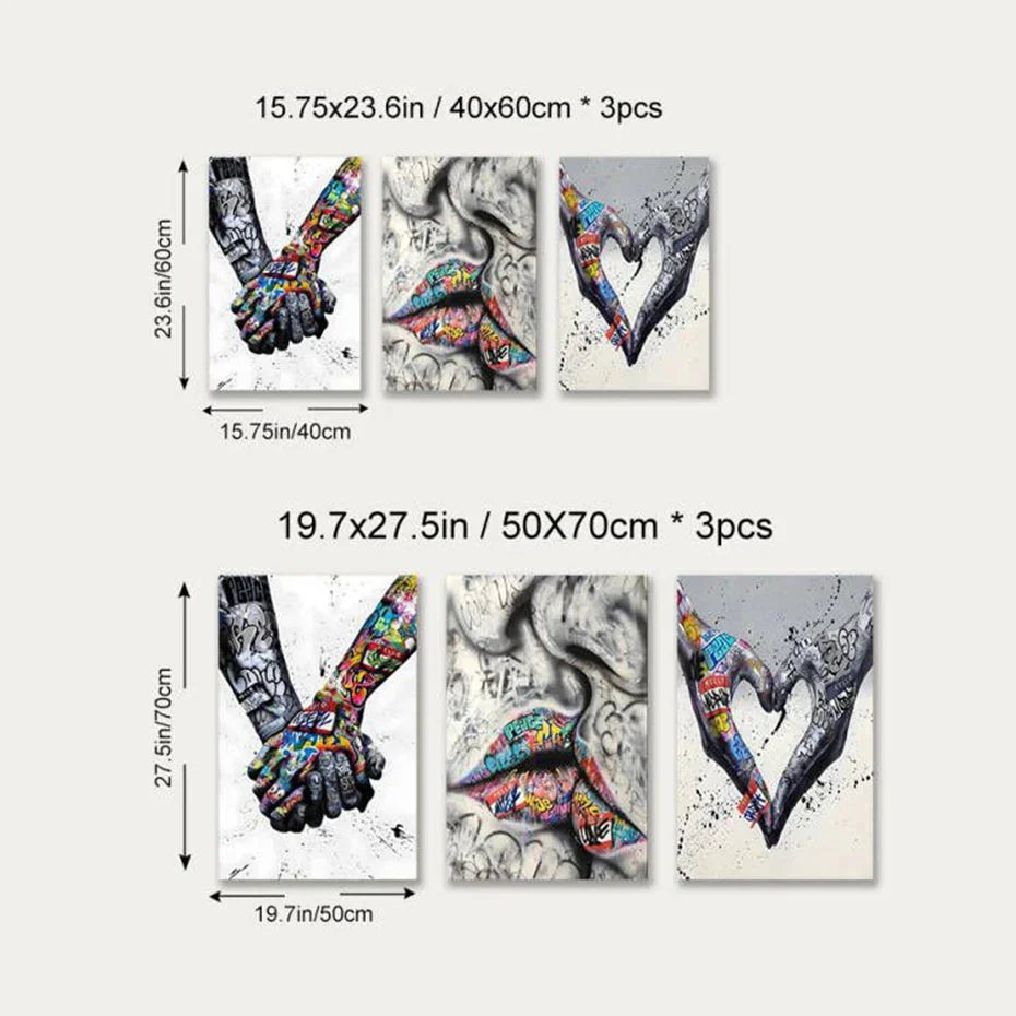 Skorter | 3PCS Modern Love Hand in Hand Kiss the Kiss Poster Graffiti Banksy Street Wall Art Canvas Painting Prints Pictures Room Decoration