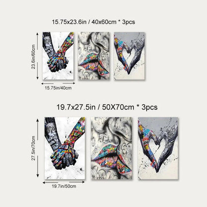 Skorter | 3PCS Modern Love Hand in Hand Kiss the Kiss Poster Graffiti Banksy Street Wall Art Canvas Painting Prints Pictures Room Decoration