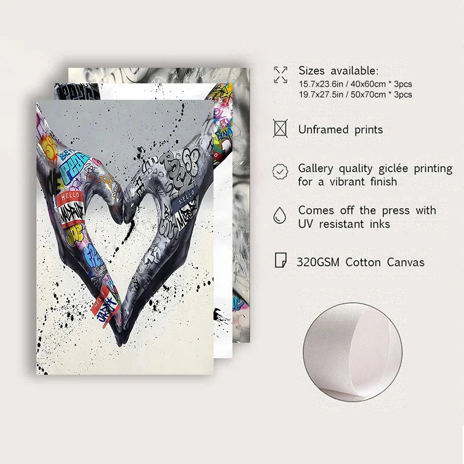 Skorter | 3PCS Modern Love Hand in Hand Kiss the Kiss Poster Graffiti Banksy Street Wall Art Canvas Painting Prints Pictures Room Decoration