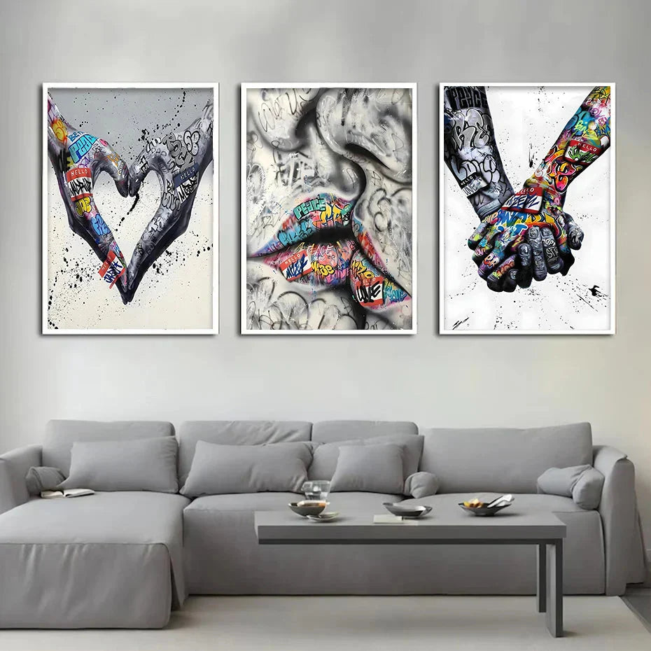 Skorter | 3PCS Modern Love Hand in Hand Kiss the Kiss Poster Graffiti Banksy Street Wall Art Canvas Painting Prints Pictures Room Decoration