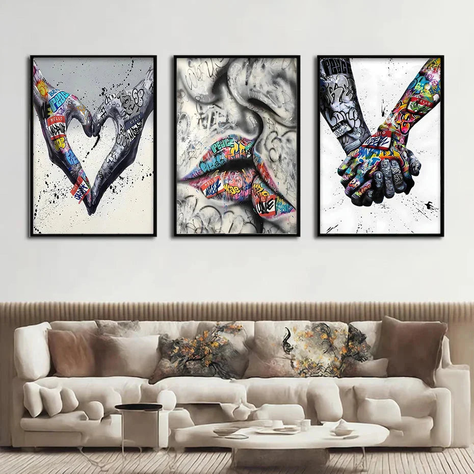 Skorter | 3PCS Modern Love Hand in Hand Kiss the Kiss Poster Graffiti Banksy Street Wall Art Canvas Painting Prints Pictures Room Decoration