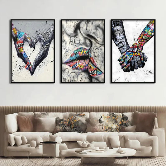 Skorter | 3PCS Modern Love Hand in Hand Kiss the Kiss Poster Graffiti Banksy Street Wall Art Canvas Painting Prints Pictures Room Decoration