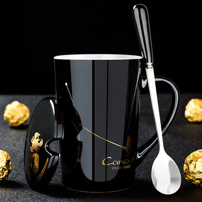 skorter | 12 constellations black ceramic mug with lid spoon