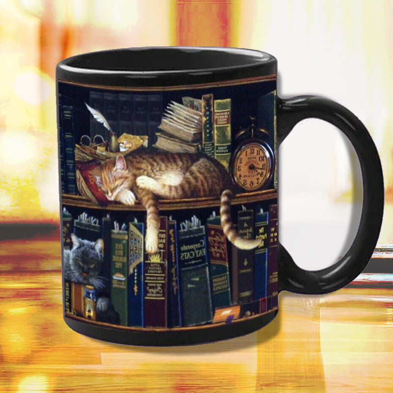 skorter | Bookcase Ceramic Coffee Mug - Gift for Cat Book Lovers