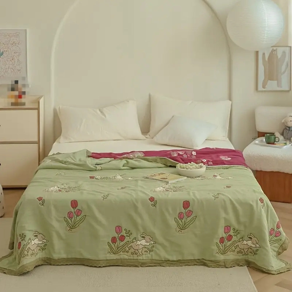 Skorter | Embroidered Bunny Floral Cotton Blanket