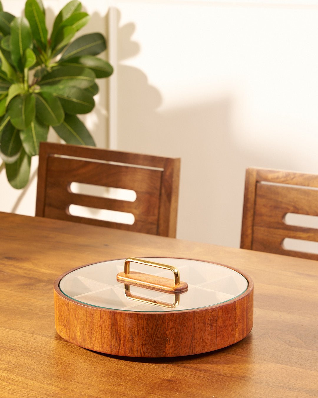 Skorter | BambooSpin – 9-Compartment Serving Tray with Rotating Lid | Premium Bamboo Snack Platter