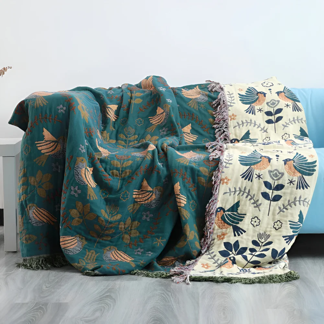 Skorter | Embroidered Cotton Throw Blanket with Birds and Flowers