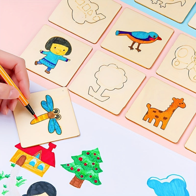 Skorter | 20-piece Montessori Drawing Toys Set - Wood DIY Painting Stencils Educational Learning Toys