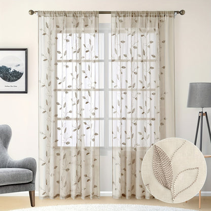 Skorter | Embroidered curtains with leaves - 2 pcs semi-transparent for bedroom and living room