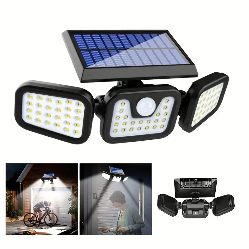 Skorter | Solar LED floodlight with motion sensor – 3-beam outdoor lighting for garden, yard, and garage
