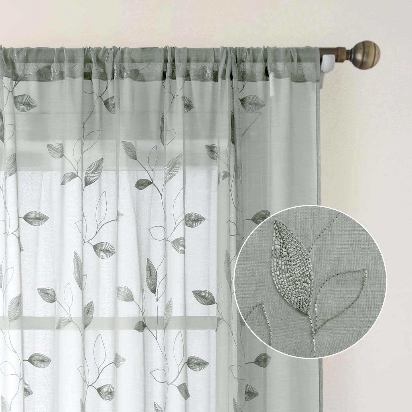 Skorter | Embroidered curtains with leaves - 2 pcs semi-transparent for bedroom and living room