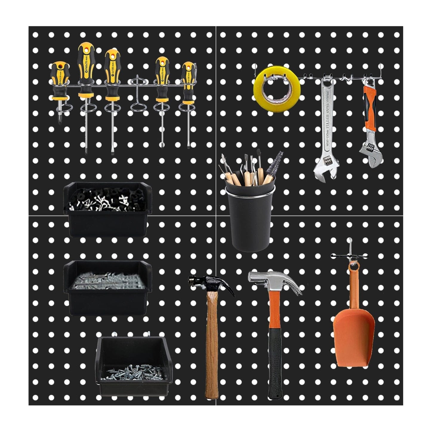 Skorter | 4-Pack: Metal Black Pegboard Wall Organizer with 1" Spacing 1/4" Holes