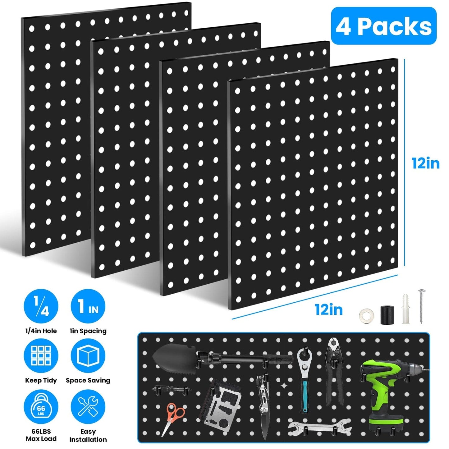 Skorter | 4-Pack: Metal Black Pegboard Wall Organizer with 1" Spacing 1/4" Holes