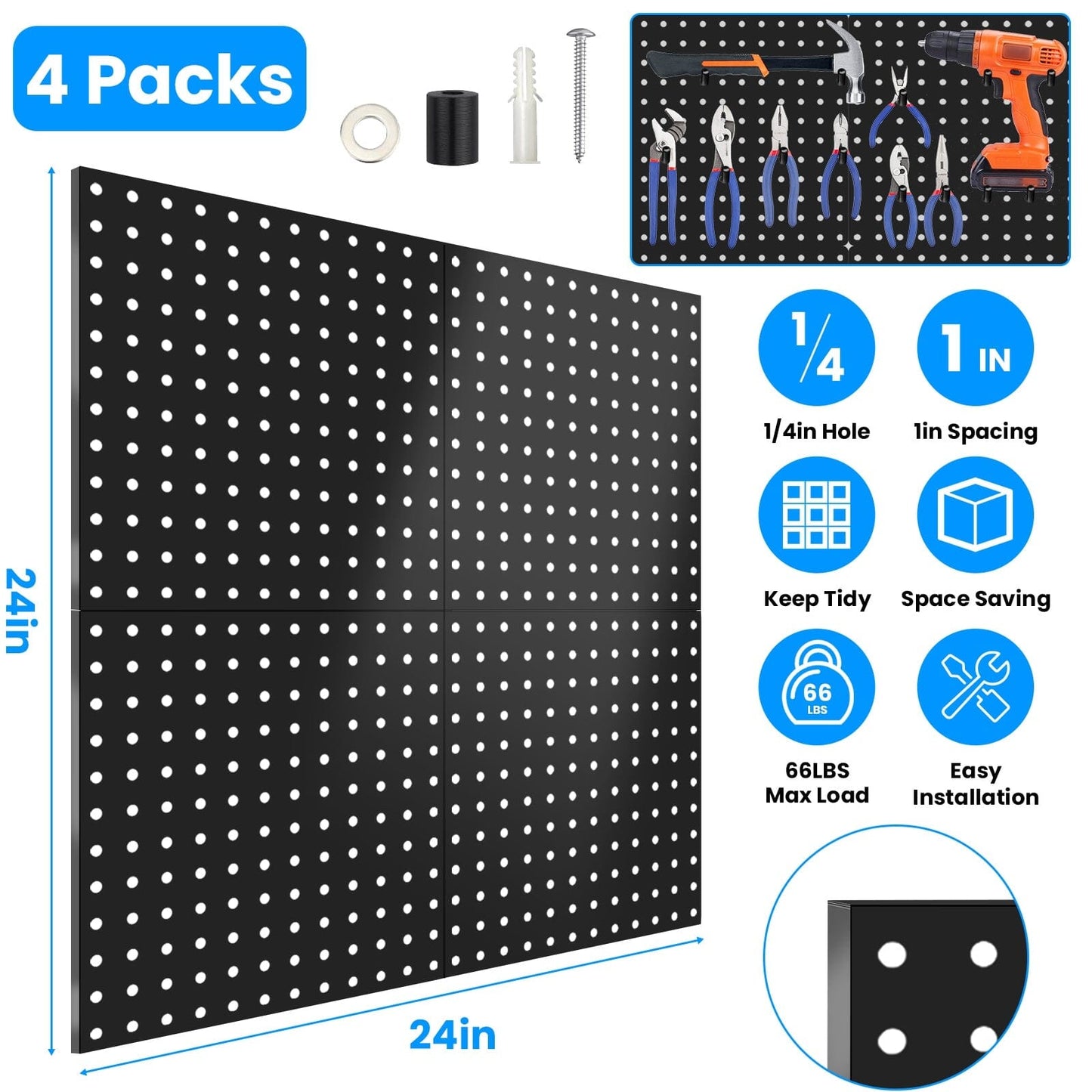 Skorter | 4-Pack: Metal Black Pegboard Wall Organizer with 1" Spacing 1/4" Holes