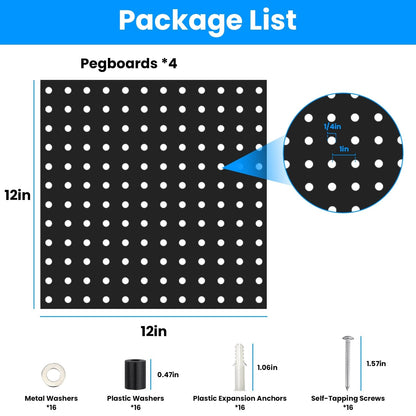 Skorter | 4-Pack: Metal Black Pegboard Wall Organizer with 1" Spacing 1/4" Holes