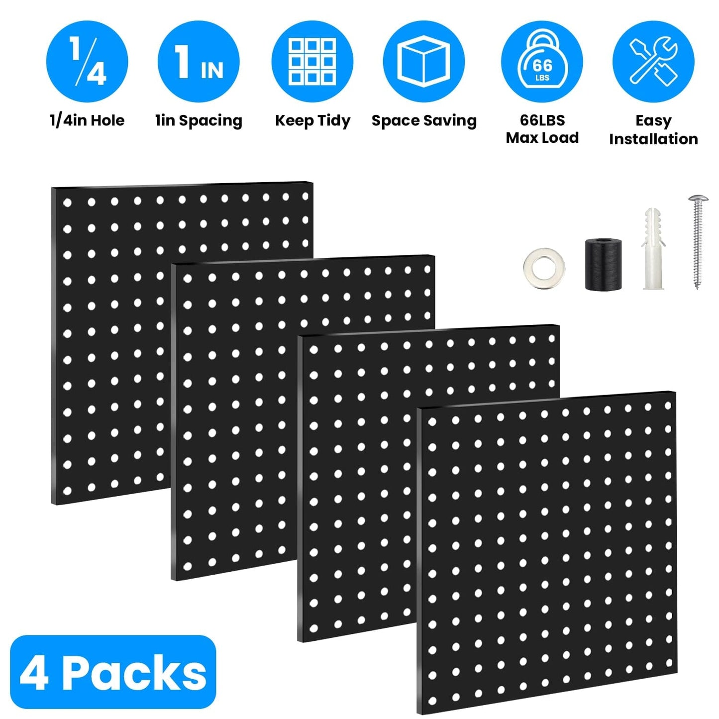 Skorter | 4-Pack: Metal Black Pegboard Wall Organizer with 1" Spacing 1/4" Holes