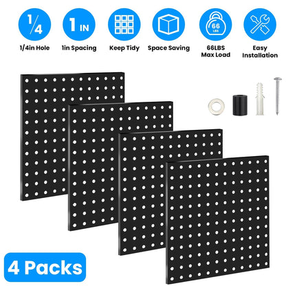 Skorter | 4-Pack: Metal Black Pegboard Wall Organizer with 1" Spacing 1/4" Holes