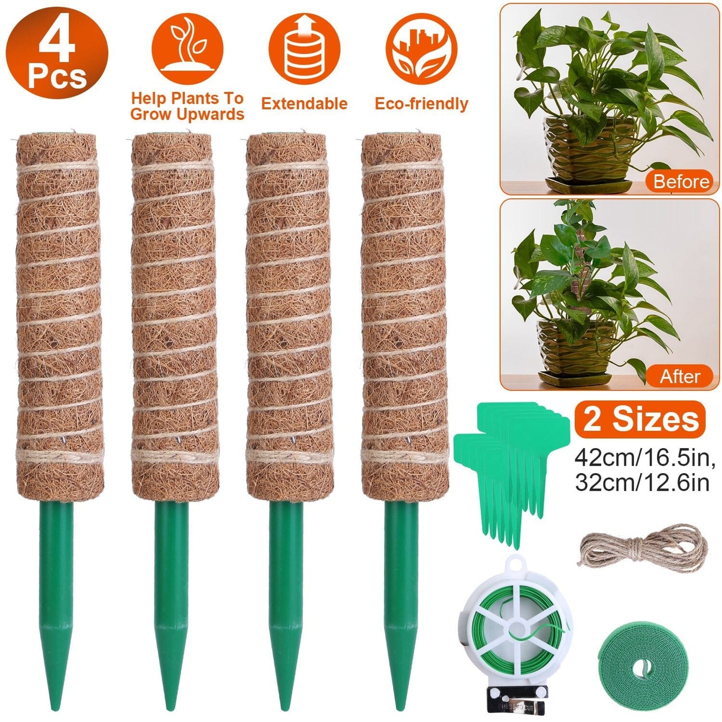 Skorter | 4-Pieces: Coco Coir Expandable Moss Pole for Climbing Plants