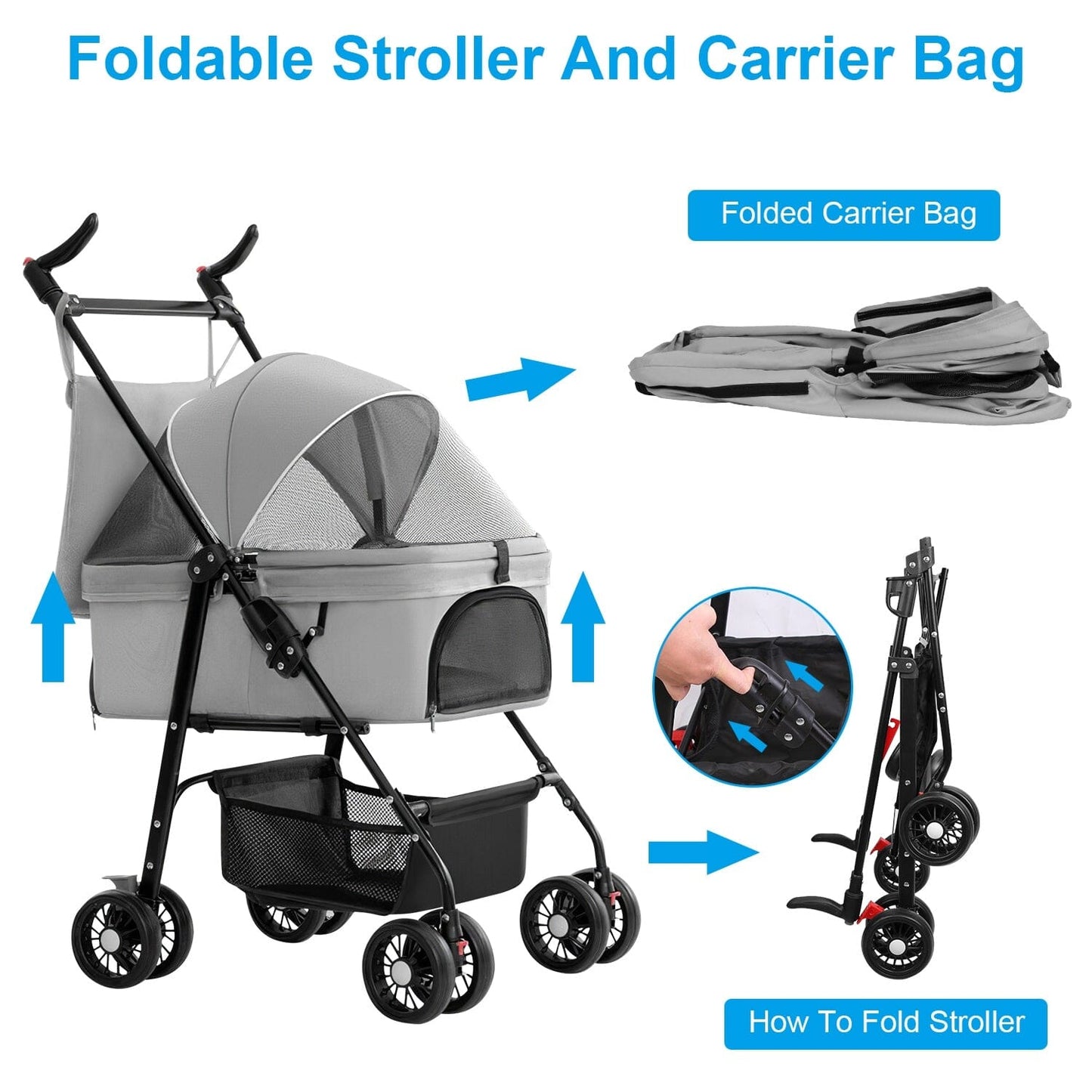 Skorter | 4 Wheel Pet Stroller Foldable with Removable Liner Storage Basket