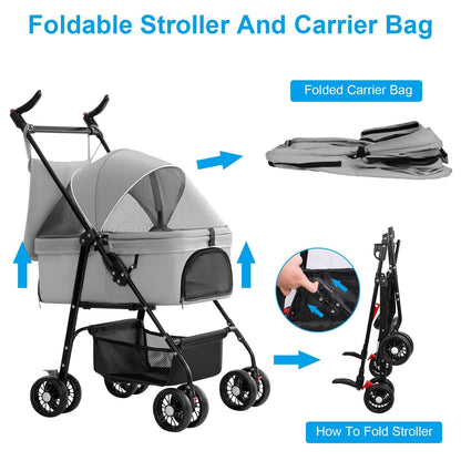 Skorter | 4 Wheel Pet Stroller Foldable with Removable Liner Storage Basket