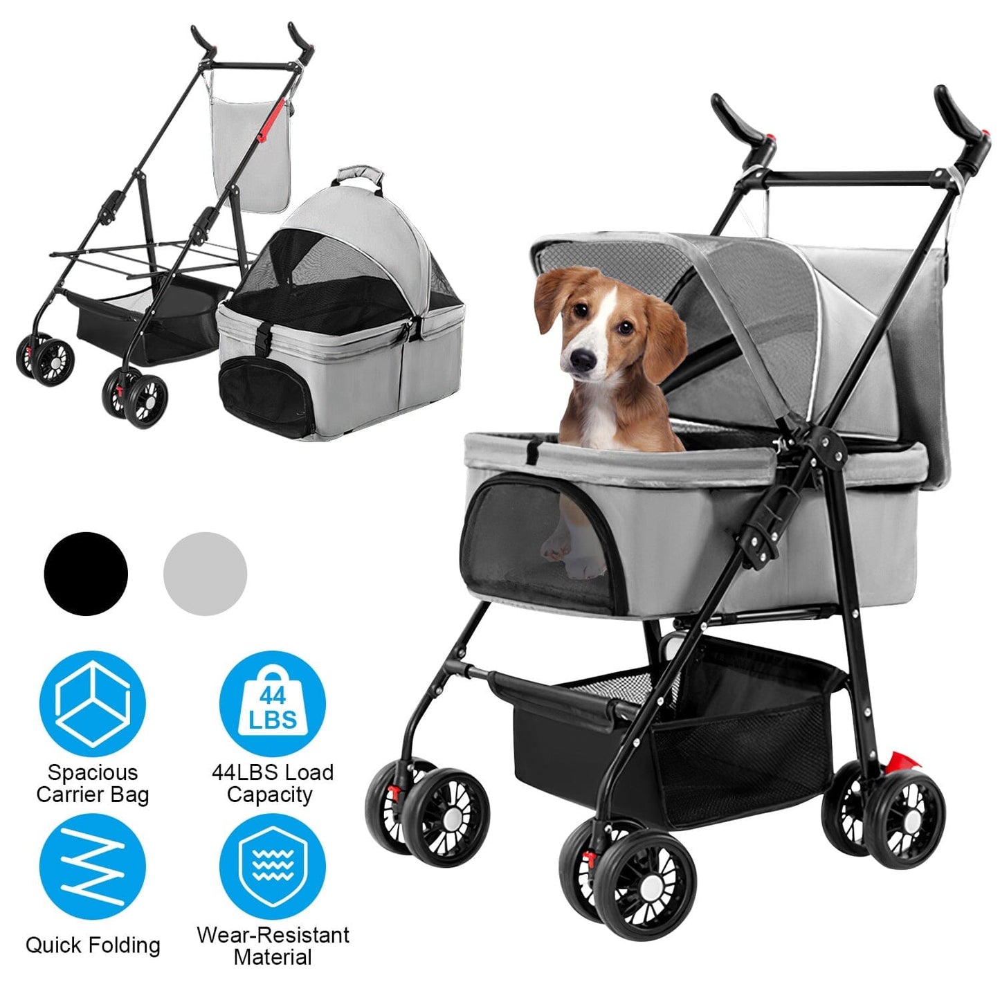 Skorter | 4 Wheel Pet Stroller Foldable with Removable Liner Storage Basket