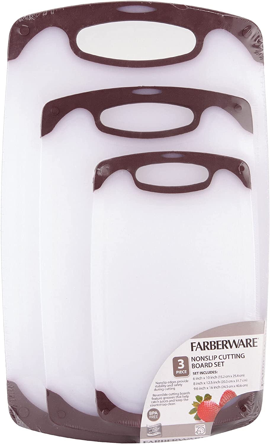 Skørter | Farberware Plastic Cutting Board with Non-Slip and Juice Grooves, 3-Piece, Maroon