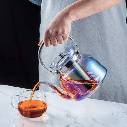 Skorter | 50 Oz(1500Ml) Glass Teapot with Lid, Removable Stainless Steel Tea Strainer and Handle, Stovetop Safe Tea Maker for Blooming and Loose Leaf Tea (Iridescent)