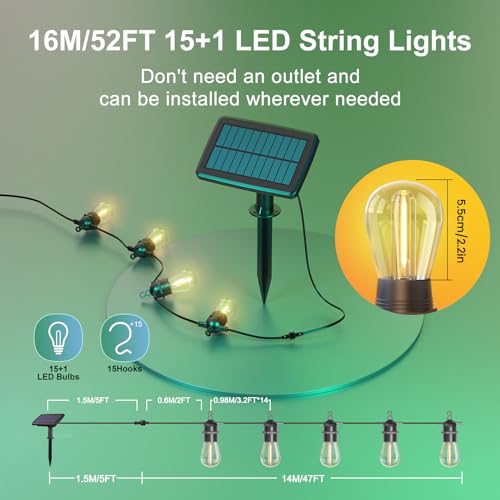 Skorter | 52FT Solar String Lights for Outdoor with Remote Control, Warm White