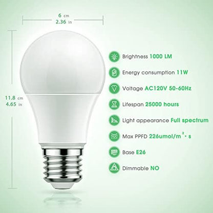 Skorter | Briignite Full Spectrum Grow Light Bulbs, 11W Led A19, E26 Base, 6 Pack For Indoor Plants