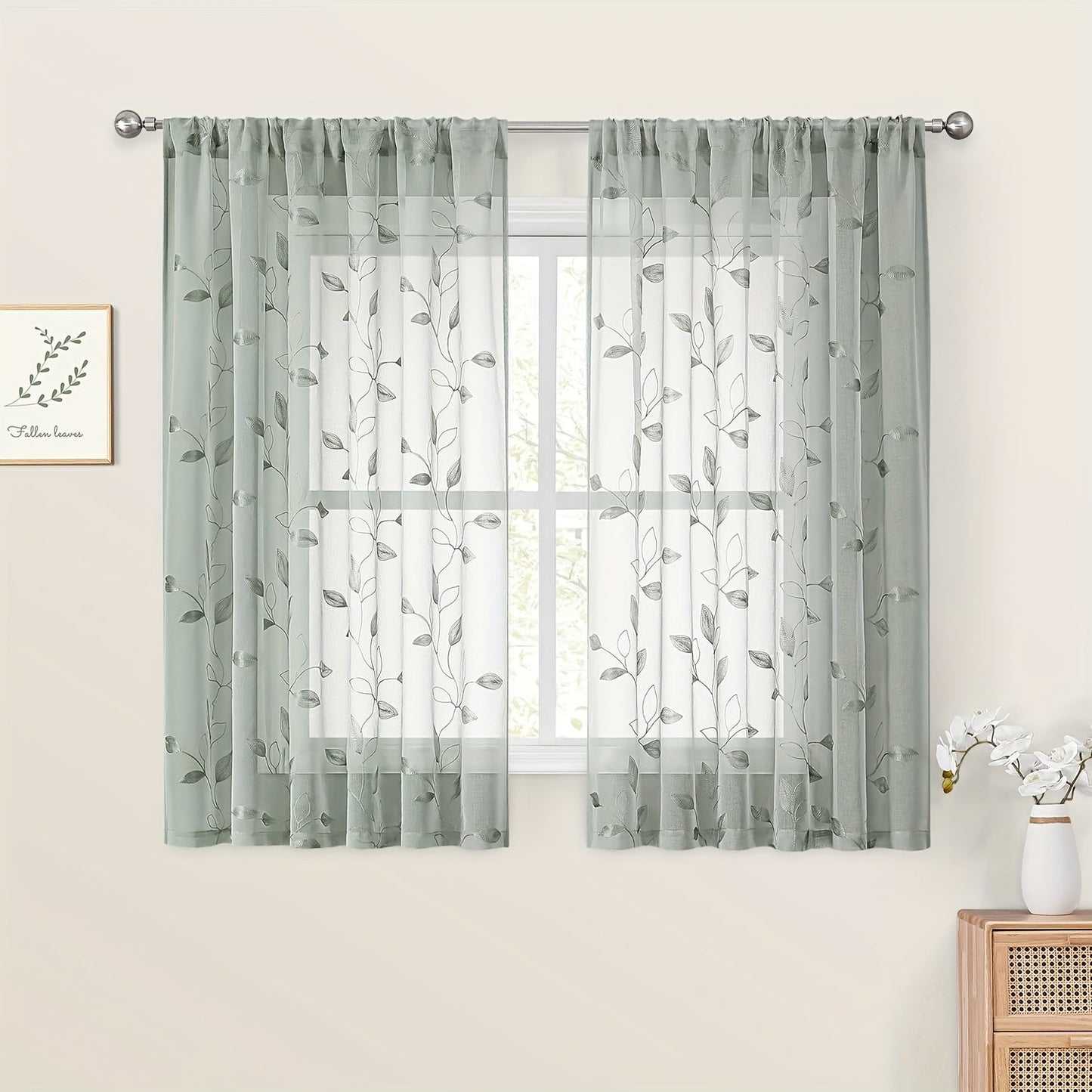 Skorter | Embroidered curtains with leaves - 2 pcs semi-transparent for bedroom and living room