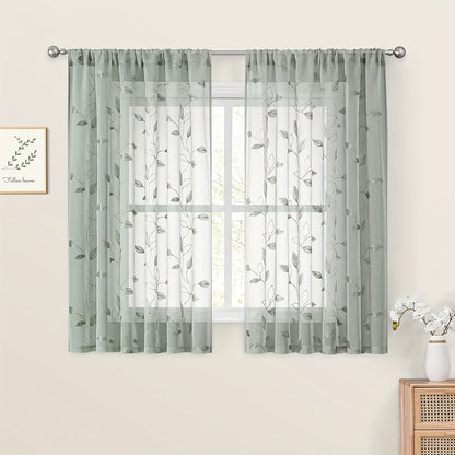 Skorter | Embroidered curtains with leaves - 2 pcs semi-transparent for bedroom and living room