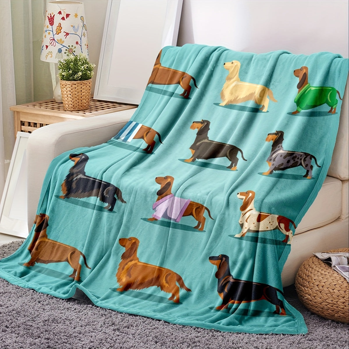 Skorter | Dachshund Fleece Blanket - Soft Flannel with Wiener Dog Print, Blue