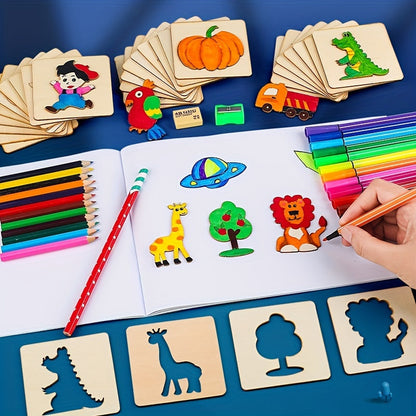 Skorter | 20-piece Montessori Drawing Toys Set - Wood DIY Painting Stencils Educational Learning Toys