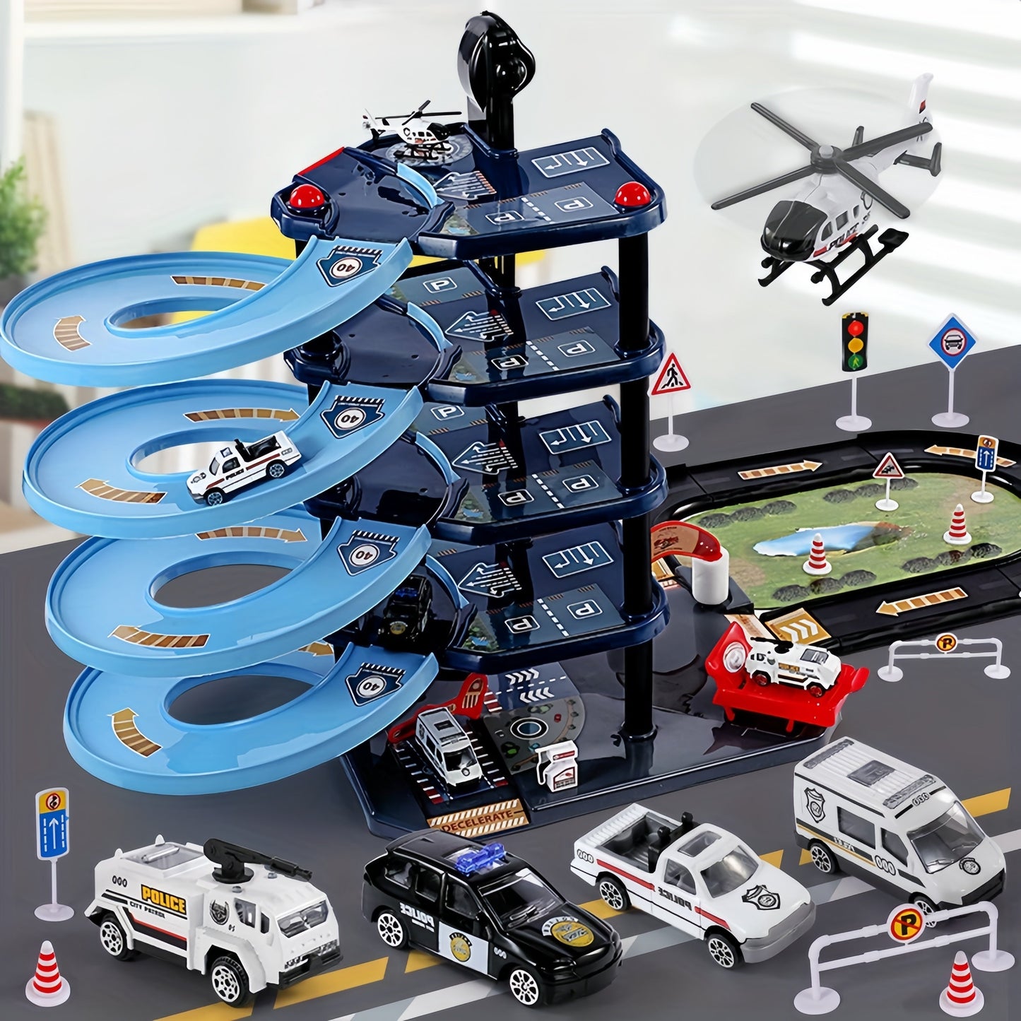 Skorter | FirePark Garage Playset – Multi-Level Fire Station with Fire Trucks & Traffic Signs for Adventurous Kids