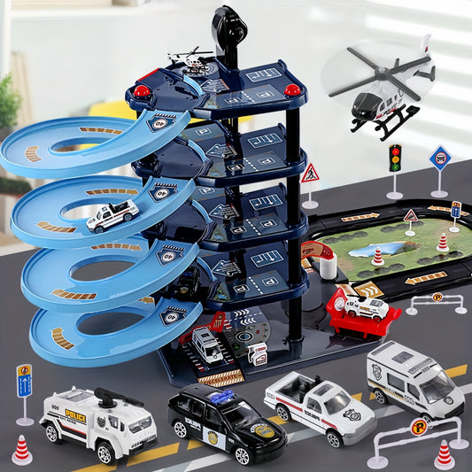 Skorter | FirePark Garage Playset – Multi-Level Fire Station with Fire Trucks & Traffic Signs for Adventurous Kids