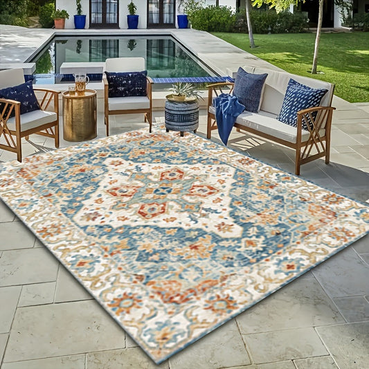 Skorter | Bohemian Vintage Outdoor Rug - Stain and Water Resistant, Non-Slip Polyester Velvet, Washable Rug for Terrace, Conservatory and Veranda