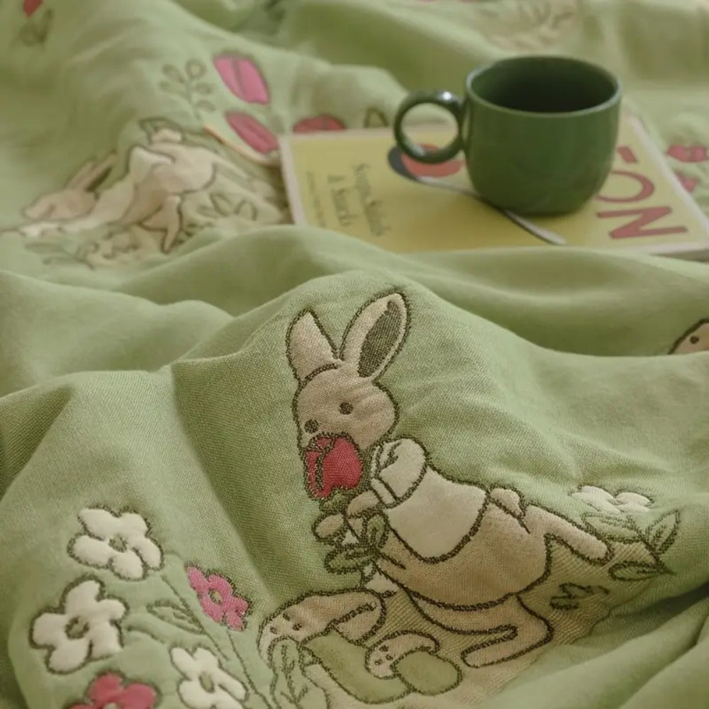 Skorter | Embroidered Bunny Floral Cotton Blanket