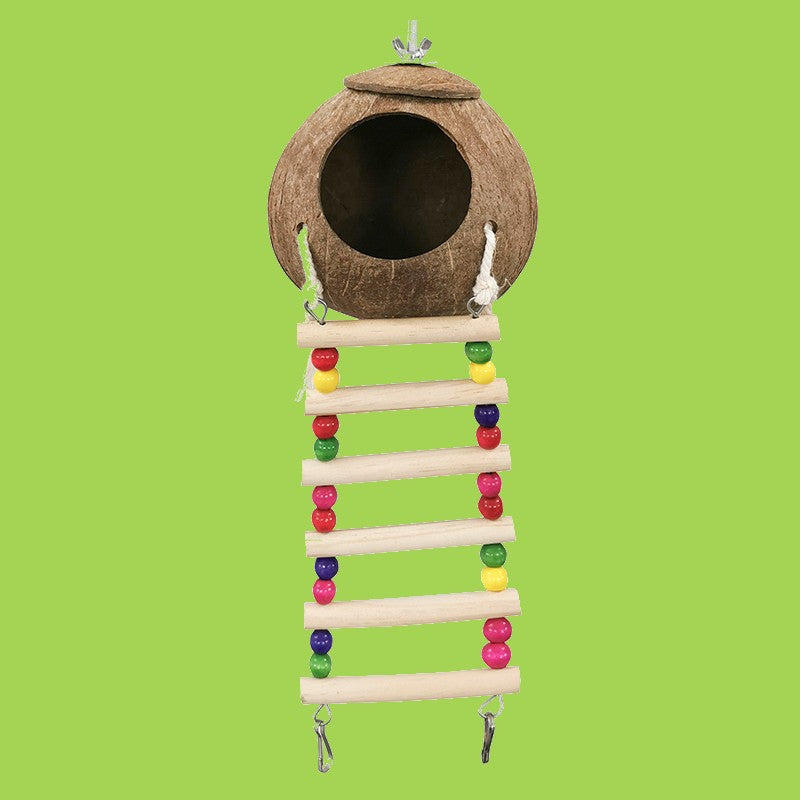 Skorter | Coconut Shell Bird Nest with Wood Ladders, for Parrot, Budgies, Parakeet, Canary, Finch, Hamster, Rat